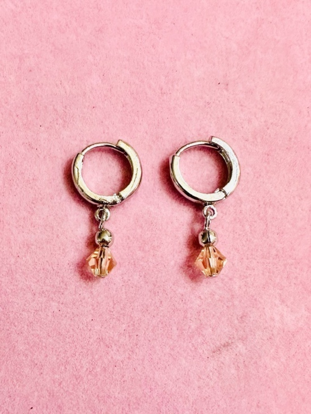 NWT Silver Tone Peach Crystal Mini Huggie Earrings